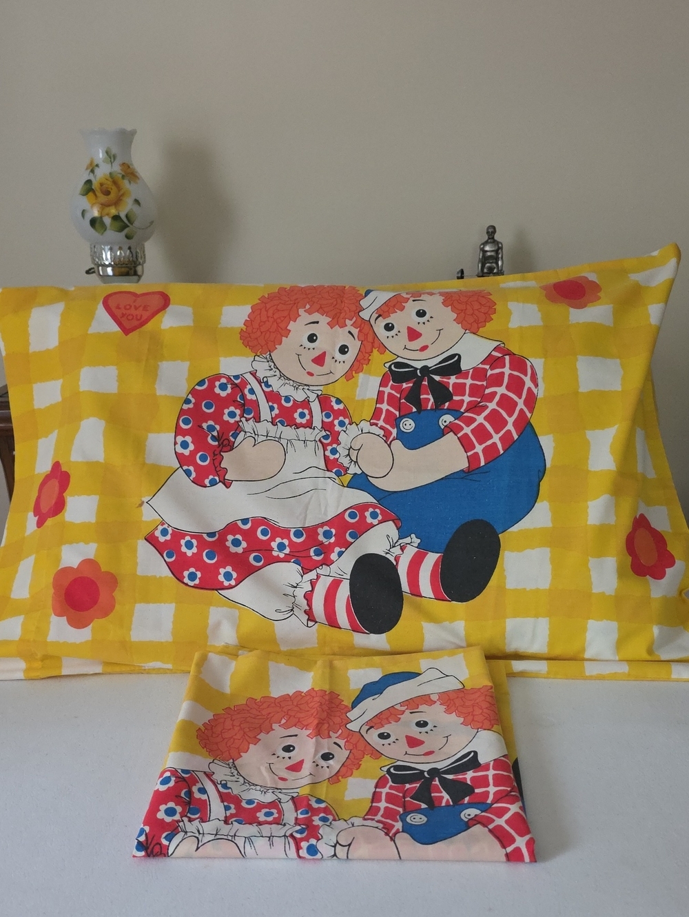 1970s Vintage Yellow Raggedy Dolls Ann and Andy Pillowcase Set Bedding Wasutta